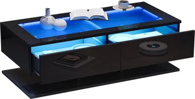 Zdjęcie produktu dla Stolik kawowy – stolik do salonu – 100×50×35 cm – wysoki połysk – szklany blat – z szufladami – oświetlenie LED – drewniana rama – czarny