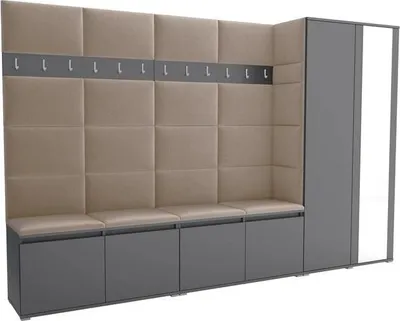 Produktbild von Garderoben-Set Noris V mit Spiegel, gepolsterte Garderobe 290 cm, Flurmöbel mit Wandpaneelen, 12 Haken und Schrank (Farbe: Anthrazit + Trinity 04)