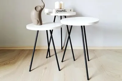 Produktbild von Wohnzimmer Couchtisch Beistelltisch Set 3x Modern Weiß MDF Metallbeine