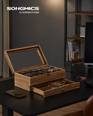 Produktbild von SONGMICS Uhrenbox mit 12 Fächern, Uhrenkasten aus Massivholz, mit Glasdeckel