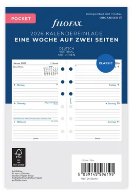 Produktbild von Filofax Kalender Pocket 1 Woche auf 2 Seiten vertikal (deutsch)2026