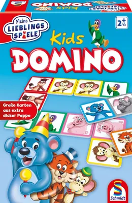 The image shows the front of a board game box for a children's domino game, featuring cartoon characters and game tiles.