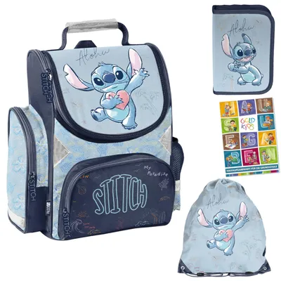 Produktbild von Schulranzen für Jungen und Mädchen, 4er-Set - Schul-Rucksack für Kinder mit Federmäppchen - Schuhbeutel und Hausaufgabenheft - Stitch Motiv