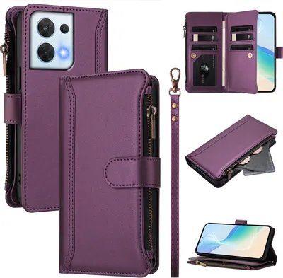 Image de Etui pour Oppo Reno8 5G, zippé, étui portefeuille en cuirPolyuréthaneavec pochettes pour cartes, support et dragonne Violet