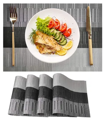 Produktbild von 4er Set Platzset,rutschfest Abwaschbar Tischsets PVC Abgrifffeste Hitzebeständig Platzdeckchen,Schmutzabweisend und Waschbare,Platz-Matten für Küche Speisetisch Black