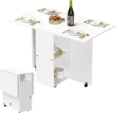 Produktbild von Mobiler Klapptisch,Klappbarer Esstisch aus massivem Holz,Erweiterbarer Küchentisch mit 2 Ablagen für Esszimmer Küche für kleine Räume 120x70x78cm Weiß