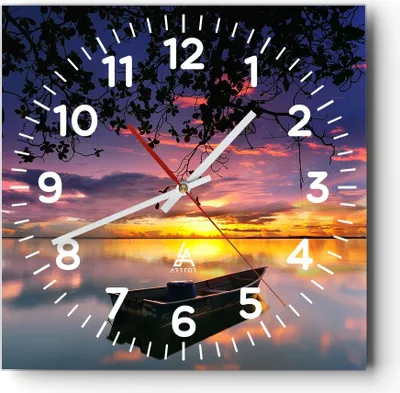 Produktbild von Wanduhr - Quadrat - Glasuhr - Boot Sonnenuntergang See Himmel - 40x40cm - Schleichendes Uhrwerk - Lautlos - zum Aufhängen bereit - Dekoration Modern - Wanddekoration aus Glas - C4AC40x40-2967