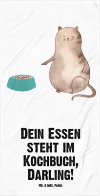 Produktbild von Mr. & Mrs. Panda Duschtuch Katze Fressen - Weiß - Geschenk, Strandlaken, Strandtuch, Großes Badehandtuch, Reisehandtuch, Baumwollhandtuch