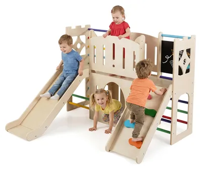 Produktbild von COSTWAY Kinder Rutsche Klettergerüst, 8-in-1 Indoor Spielplatz, Holz Rutsche mit Kletterleiter, Kletterrampe, Tunnel, Tafel & Stauraum, für Kinder 3+