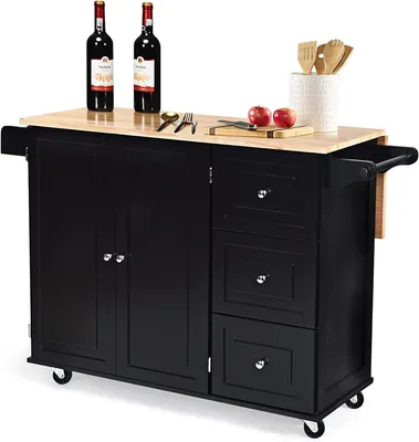 Produktbild von Küchenwagen mit Rollen & erweiterbarer Arbeitsfläche, Servierwagen mit Schublade & verstellbaren Ablagen & Handtuchhalter, Sideboard, Küchenschrank aus Holz, für Küche, Wohnzimmer (Schwarz)
