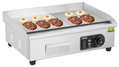 Immagine prodotto di VEVOR Griglia elettrica commerciale, 3200 W, griglia semi-piatta per il piano di lavoro, temperatura regolabile da 50-300 °C, 54 x 30 x 1 cm, piastra in acciaio inox con 2 lame e 2 spazzole