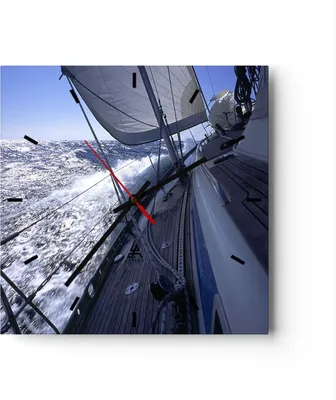 Produktbild von Wanduhr - Quadrat - Glasuhr - Boot Ozean Reise Yacht - 40x40cm - Schleichendes Uhrwerk - Lautlos - zum Aufhängen bereit - Dekoration Modern - Wanddekoration aus Glas - C3AC40x40-0373