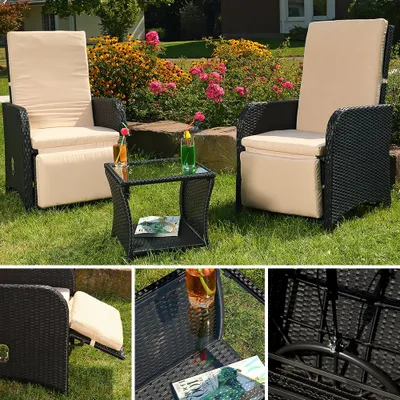 Immagine prodotto di Mucola Set di sedute 2 poltrone e tavolo Set da salotto in polyrattan Mobili da giardino Gruppo di sedute da giardino Set da pranzo - Nero