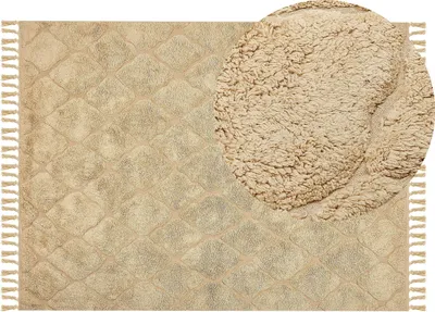 Produktbild von BELIANI Teppich Beige Baumwolle 140 x 200 cm Rechteckig Geometrisches Muster Boho mit Fransen Boho Fußbodenheizug Geeignet Wohnzimmer Schlafzimmer