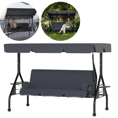 Image de Balançoire de jardin TRMLBE pour 3 personnes, balançoire hollywoodienne avec fonction couchage et auvent réglable, résistante aux UV, gris 185 x 113 x 163 cm