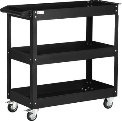 Produktbild von Fortuna Lai Werkstattwagen aus Stahl mit 3 Regalen auf Rollen mit Griff - max. Belastung 150 kg - 83 x 35,3 x 76 cm Schwarz