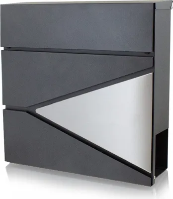 A modern, angular mailbox with a graphite gray finish and a silver accent panel.
