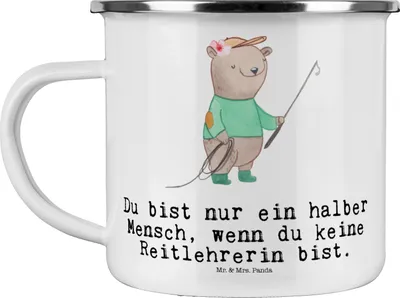Produktbild von Mr. & Mrs. Panda Teetasse Reitlehrerin Herz - Weiß - Geschenk, Kaffeepott, Pott, Outdoor Becher, Haferl, Emaille Tasse
