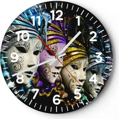 Produktbild von Wanduhr - Rund - Glasuhr - Abstrakt Maske Feder Festival - 30x30cm - Schleichendes Uhrwerk - Lautlos - zum Aufhängen bereit - Dekoration Modern - Wanddekoration aus Glas - C4AR30x30-2105
