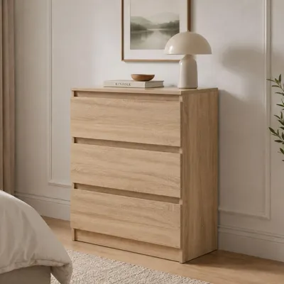 Produktbild von Home Collective Kommode Sideboard mit 3 Schubladen | Schubladenkommode Kommodenschrank Anrichte Schrank 70x40x77cm | Schlafzimmer Jugendzimmer Flur Möbel | modernes griffloses Design | Sonoma-Eiche