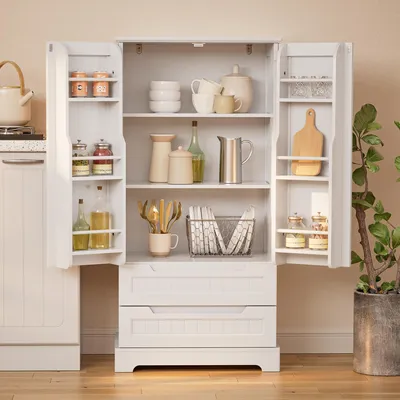 Produktbild von BEALIFE Küchenschrank mit 2 Schubladen & 2 Türen | Freistehend 60x40x120 cm aus MDF mit Kippsicherung | Für Küche & Essbereich | AP28 Weiß