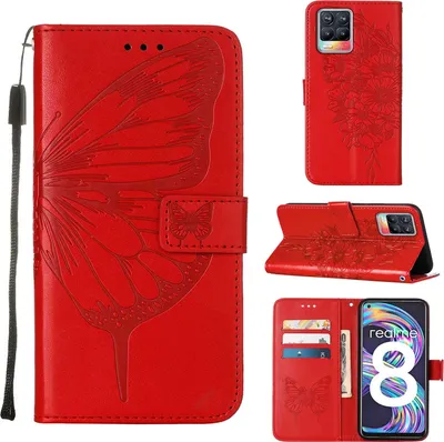 Obrázek produktu pro OPPO Realme 8 Pouzdro, Motýlí Reliéf Flip Kožené Pouzdro s Kapsami na Karty a Stojánkem pro OPPO Realme 8 / Realme 8 Pro červené