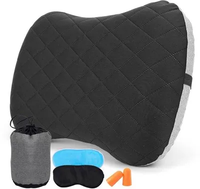 Productafbeelding van Unyqoos® Ergonomisch, ultralicht opblaasbaar campingkussen – met neksteun, afneembare hoes, snelventiel en comfortset (draagtas, slaapmasker, oordopjes)