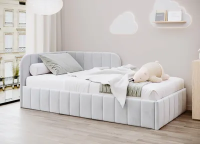 Obrázek produktu pro Postel Mario 100 x 200 cm, čalouněná postel s kovovým rámem, postel pro mládež s úložným prostorem, látka Riviera, šedá, pravostranná