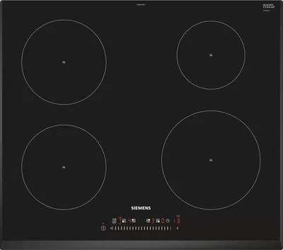A top-down view of a black induction cooktop with four heating elements and a control panel.