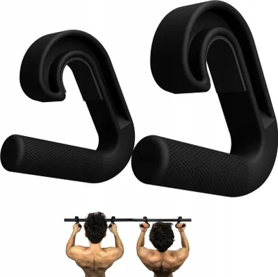 Two black pull-up bar grips and two men performing pull-ups.