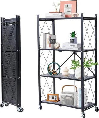 Produktbild von Famanu Regal klappbar mit Rollen 4 Etagen - schwarzes Metallregal für Küche und Büro - 71 x 36 x 127 cm