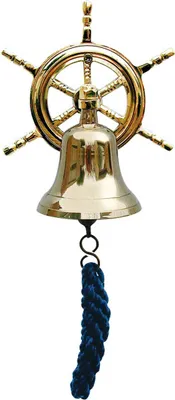 Produktbild von Nautische Glocke mit Steuerrad-Wandhalterung aus Messing, 7,5cm Deko Wandglocke