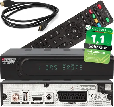 Produktbild von RED OPTICUM HD Sat Receiver AX 300 VFD Display PVR Ready – USB TV Aufnahme, HDMI, SCART, Coaxial – Digital TV Receiver für Satellitenschüssel / Satelliten / Satellit + HDMI Kabel