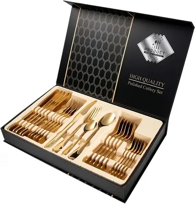 Produktbild von Besteck Set, 24-teiliges Besteckset für 6 Personen, Hochwertige Edelstahl Gehämmertes Tafelbesteck für Haushalt/Küche, Gold