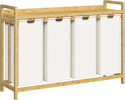 Produktbild von Wäschekorb 4 Fächer, Wäschesammler, Wäschesortierer mit Ablage, 4 x 43 L abnehmbarer Wäschesack aus Oxford-Gewebe, Wäschebox, Bambusrahmen, für Schlafzimmer, Badezimmer, Bambusfarbe EYL83XY01