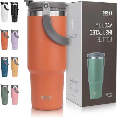 Immagine prodotto di Bicchiere termico con manico da 900 ml - Doppia parete isolante - Coperchio con manico a cannuccia - Per bevande calde e fredde