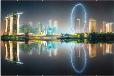 Produktbild von Wallario Wandbild Singapur bei Nacht, Größe: 61 x 91,5 cm, Poster mit rahmenlosen Bildhalter