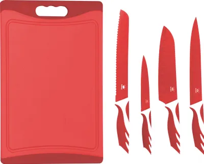 Produktbild von 5tlg. KING® Messer- und Schneidebrettset / Farbe: Rot / 4 Messer / 1 Schneidebrett