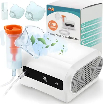 Produktbild von Linomag® Professionelles Aerosolgerät, Kinder- und Erwachsenenmaske, Babyadapter, Kompressor-Vernebler-Inhalator, 2–3 µm Partikelgröße, 3 Verneblungsmodi, Timer, 168 VA Leistung, tragbar, leise, weiß