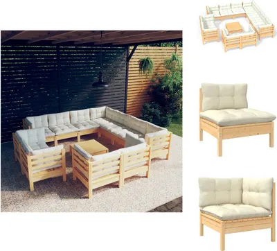 Produktbild von vidaXL 12-tlg. Garten-Lounge-Set mit Creme Kissen Massivholz Kiefer -  Gartenmöbel-Sets