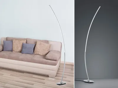 A split image showing a floor lamp next to a sofa on the left, and a close-up of the floor lamp on a gray background on the right.