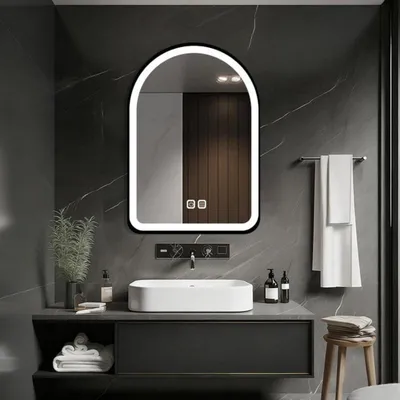 Image de Miroir de salle de bain LED, 50x70 cm, forme incurvée, variateur d'intensité, anti-buée, 3 couleurs de lumière, fonction mémoire, cadre noir