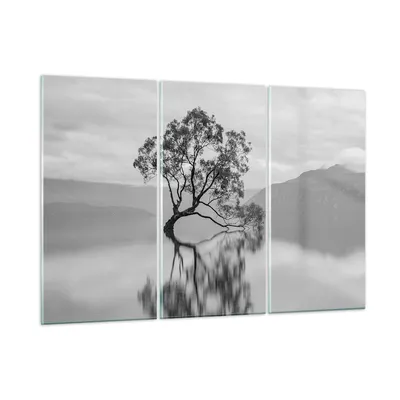 Produktbild von Bilder auf glas - 3 Teile - Baum Symmetrie See - 105x70cm - Glasbilder - Wandbilder - Bilder - zum Aufhängen bereit - Wanddekoration aus Glas - Glas Bilder - Wandbild auf Glas - GCE105x70-4514