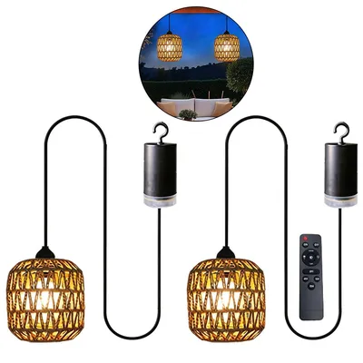 Produktbild von Boho-Stil Rattan Pendellampe im 2er Pack,Kabellos mit Batterie & Fernbedienung,Dekorative Gartenbeleuchtung & Campinglampe,LED-Leuchtmittel & Aufhänger