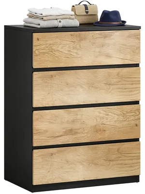Produktbild von Holzkommode mit 4 Schubladen, Metallschienen und geriffelten Griffen, 60 x 40 x 80 cm, schwarz und eiche