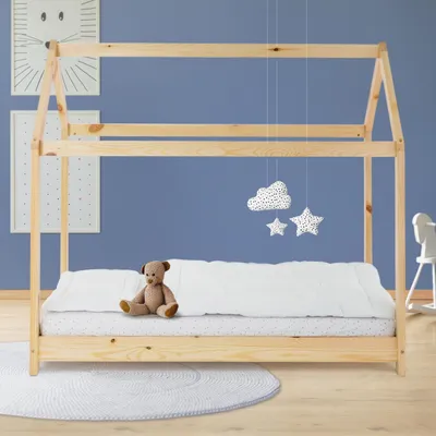 Obrázek produktu pro ML-Design dětská postel 80x160 cm se stříškou a roštovým rámem, přírodní, domeček postel z masivního borovicového dřeva podlahová postel dřevěná postel postel pro mládež postel na hraní stan
