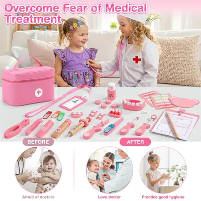 Immagine prodotto di Kit medico per bambini, set di gioco in legno con 40 pezzi, stetoscopio funzionante, borsa per il trasporto, giocattolo