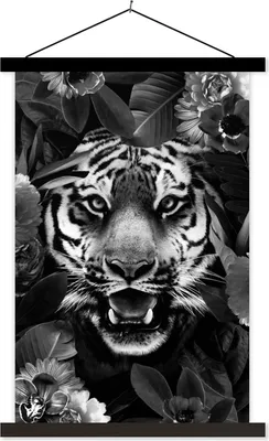 Produktbild von MuchoWow® Textilposter Tiger zwischen den Blumen - schwarz und weiß 120x180 cm mit schwarzem Rahmen - Fotos