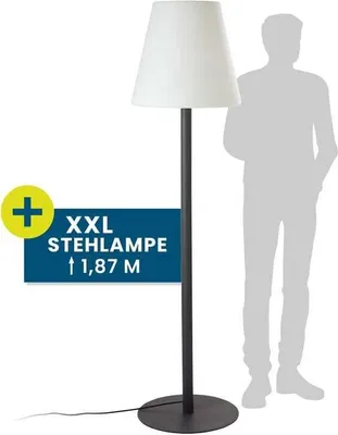 A floor lamp is shown next to a silhouette of a person to indicate its size. Text overlays provide product details.