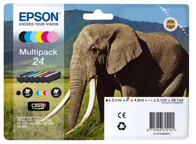 Zdjęcie produktu dla Epson Elephant Multipack 6-colours 24 Claria Photo HD Ink, Standardowa wydajność, Czarny, Cyjan, Jasny cyjan, Purpurowy, Jasna magenta, Żółty, 5,1 ml, 4,6 ml, 6 szt., Multipak